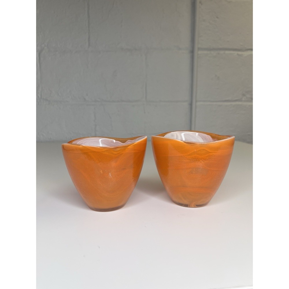 Anthropologie Art Glass Orange Swirl Votive Tea Light Candle Holder SET‎ OF 2 - Picture 6 of 13